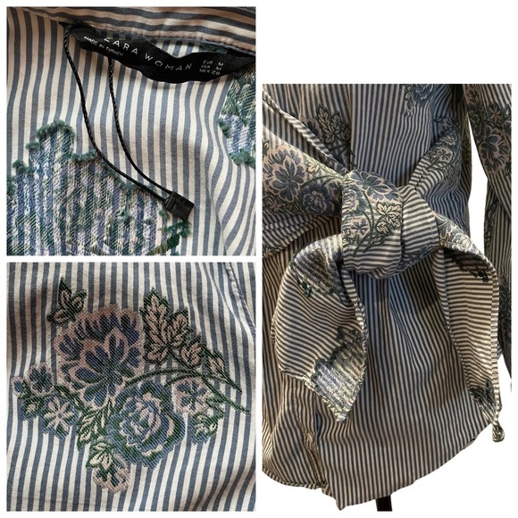 ZARA Woman Striped Floral Wrap Tie Shirt Blue White size Medium Casual button up - Picture 7 of 11